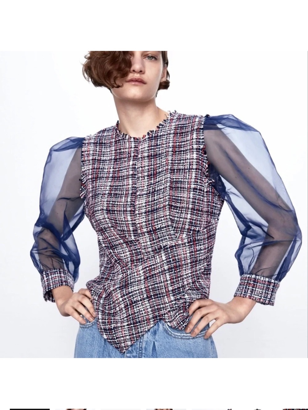 Zara Navy & Multicolor Tweed Top with Sheer Puff Sleeves